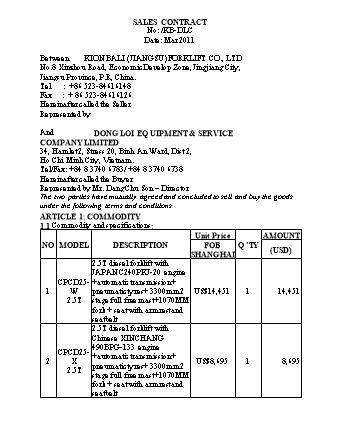 Hợp đồng nhập khẩu xe nâng hàng bằng Tiếng Anh