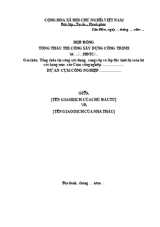 Hợp đồng tổng thầu thi công xây dựng, cung cấp và lắp đặt thiết bị