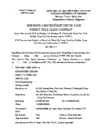Hợp đồng cho thuê biệt thự du lịch (song ngữ Việt - Anh)